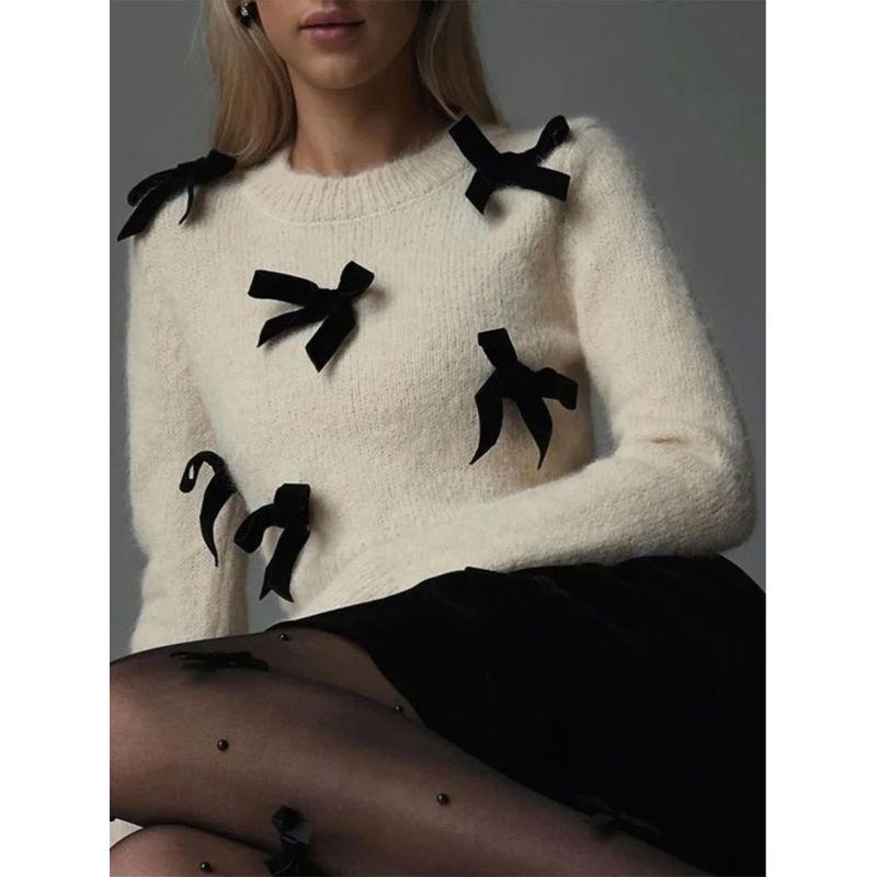 Bow Tie Long Sleeved Pullover Sweater Pure Color Bows Long Sleeves Pullover