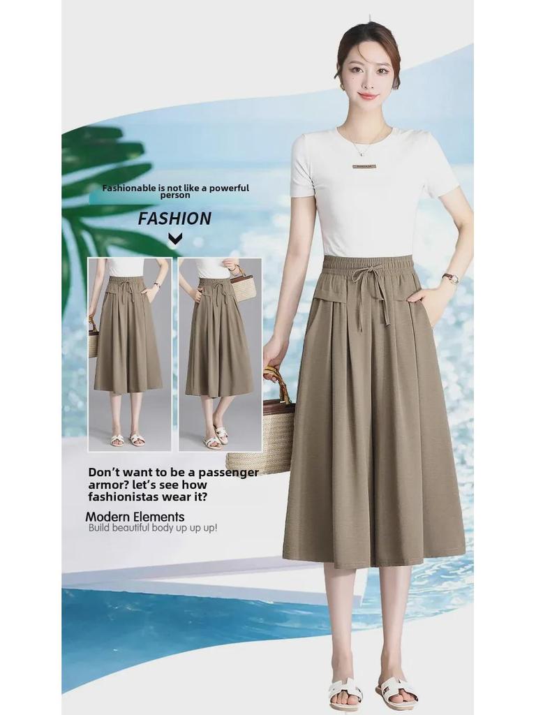 Ice Silk High-Waist Wide-Leg Cropped Pants – Summer 2025 Korean-Style Casual Loose Skirt Pants for Women