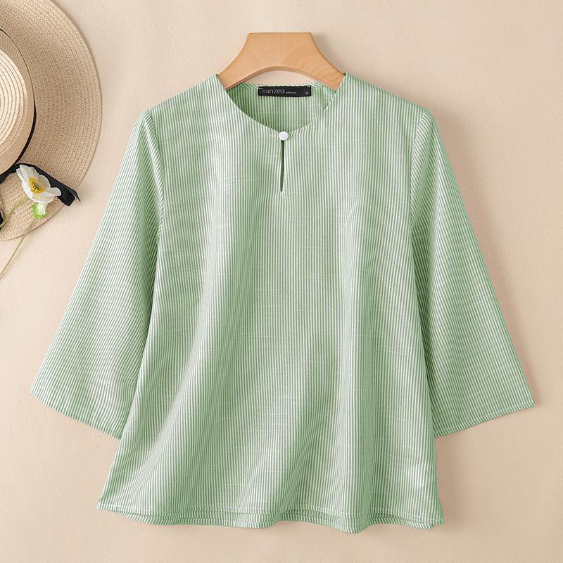 

ZANZEA Женская повседневная блузка с круглым вырезом, свободного кроя, с рукавами 3/4 и полосатым принтом 4XL