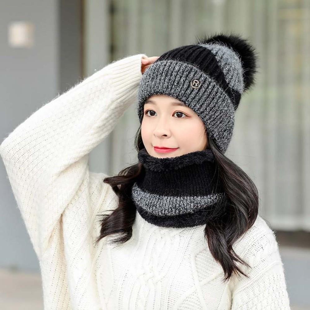 Elastic Cap and Scarf Suit Plush Ball Beanie Hat Versatile Winter Pullover Cap  Gifts
