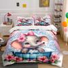 Cartoon Elephant In Bubble Bath With Flowers Pattern Duvet Cover Set Digital Print Colorful Polyester Bedding With Zipper Closur