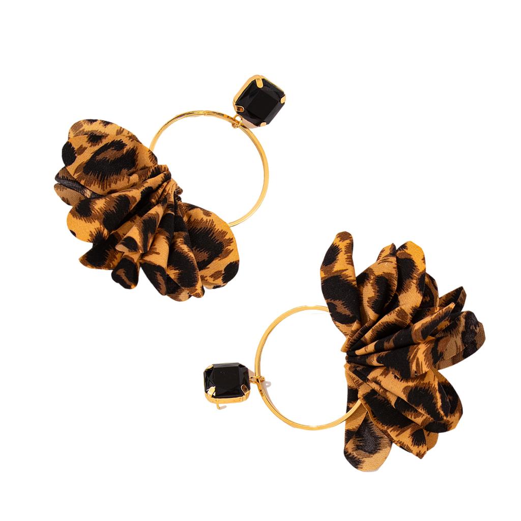 Retro Leopard Print Fabric Earrings for Women Exaggerated Black Geometric Rhinestones Circle Designs Ear Jewelry Gift