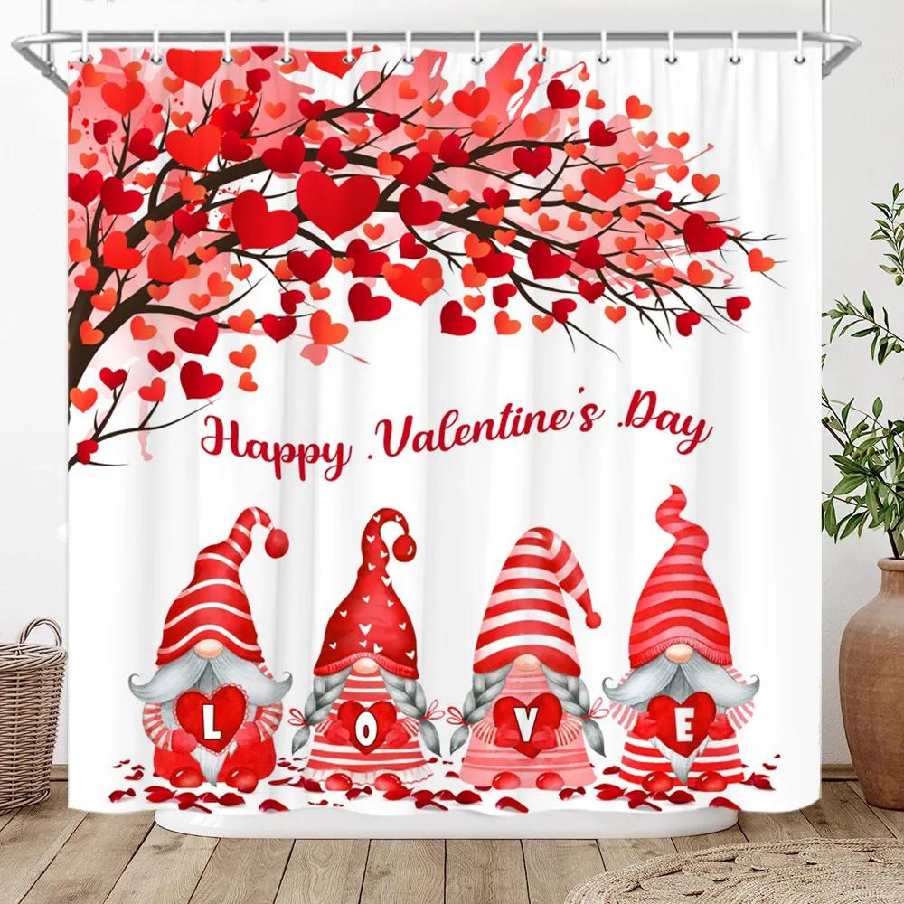 Valentine's Day Shower Curtain Love Tree with Elf Truck Romantic Pink Swing Balloon Love Polyester Printed Fabric Bathroom Decor