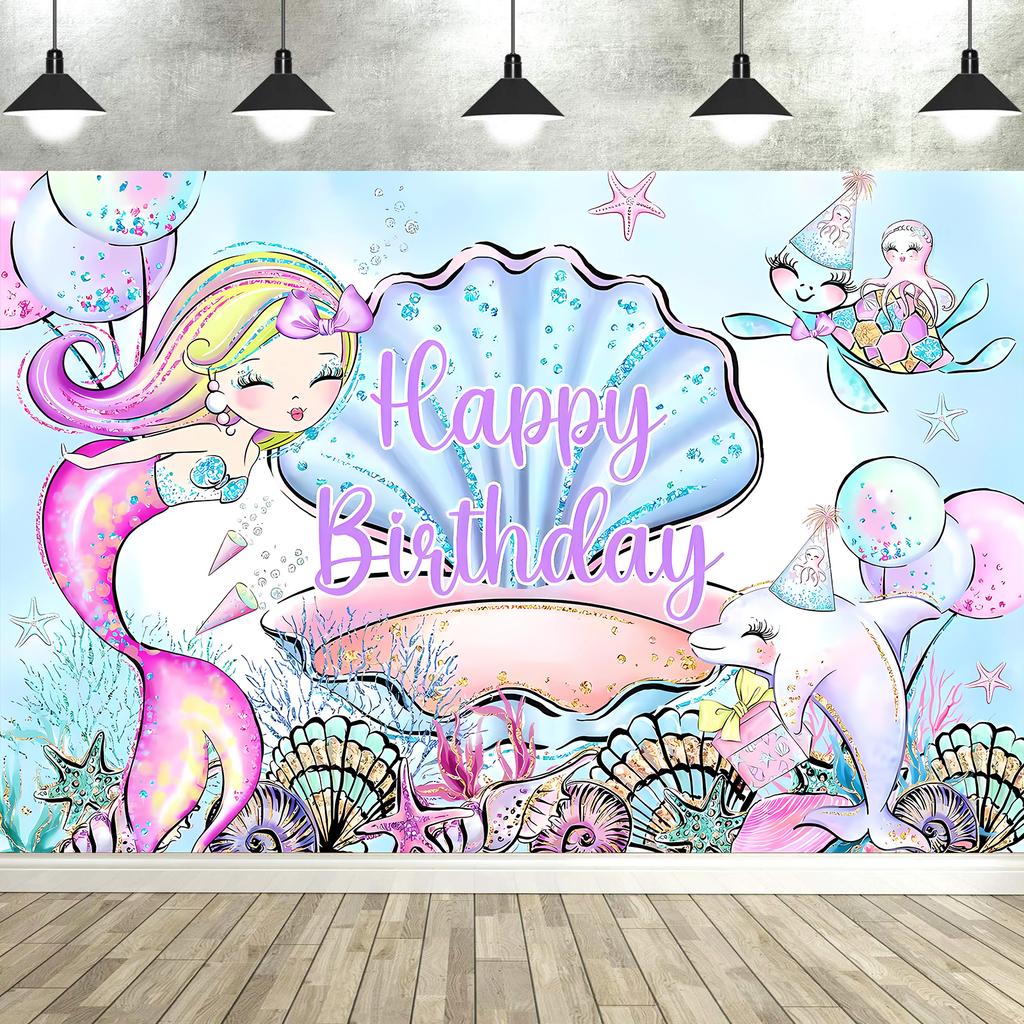 Mermaid Birthday Backdrop Under The Sea Birthday Party Decoration for Girl Purple Glitter  Mermaid Tails Photography Background