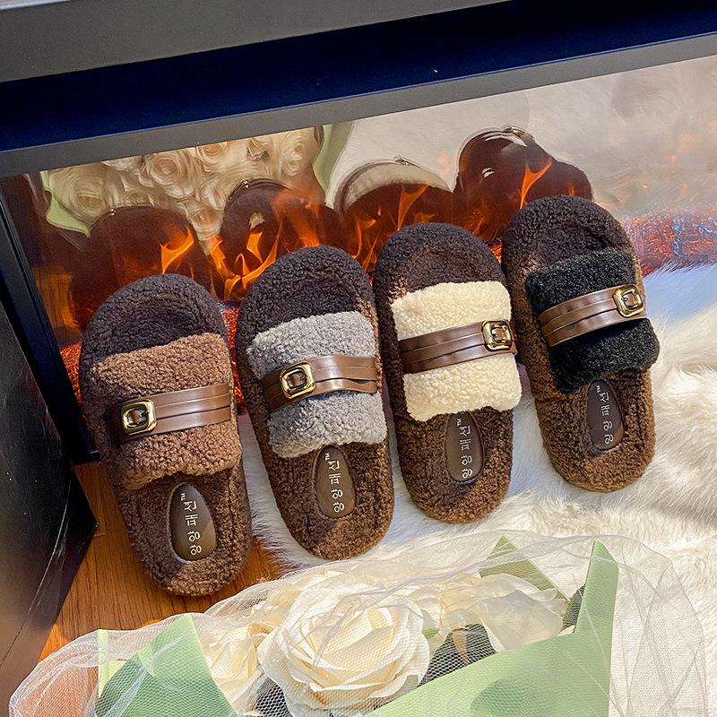 2025 new wool shoes women's winter wear soft-soled slippers lamb wool belt buckle velvet warm women's shoes