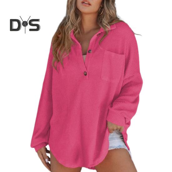 Women Tops Lapel Buttons Half Placket Long Sleeve Pullover Tops Solid Color Waffle Texture Stretchy Blouse Daily Wear