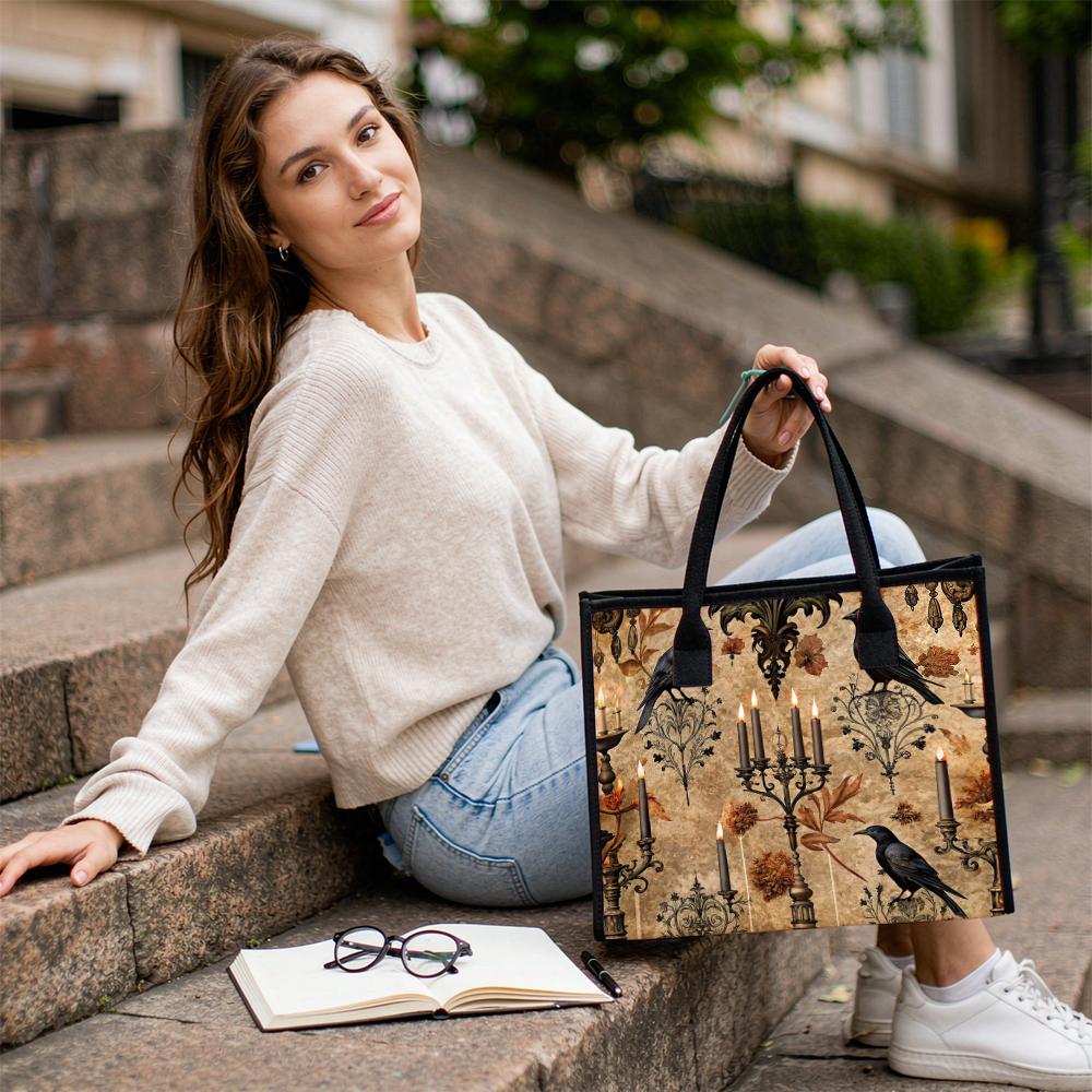 Gothic Raven Candle Print Tote Bag Dark Vintage Style Casual Large Capacity Daily Handbag
