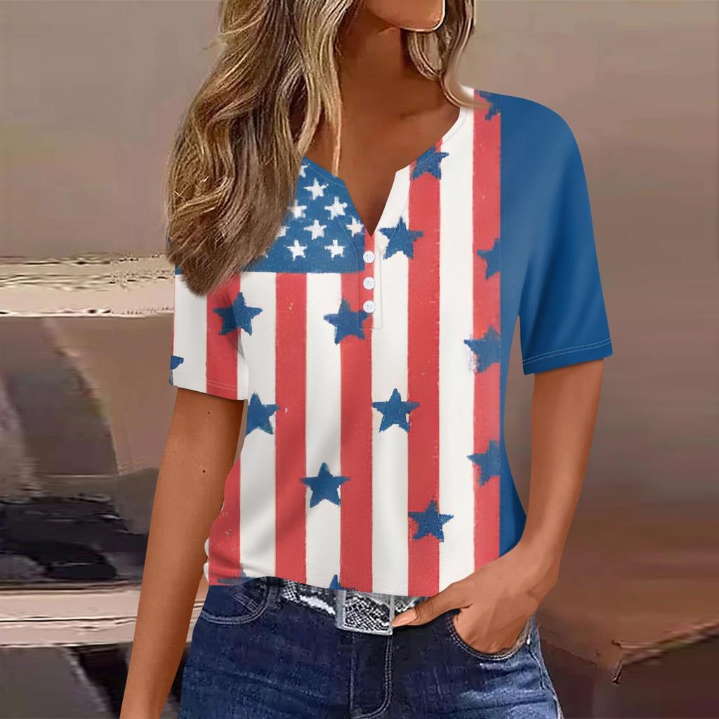 Women's T Shirt Tee Print Button Short Sleeve Daily Weekend Fashion Basic V- Neck Regular Top