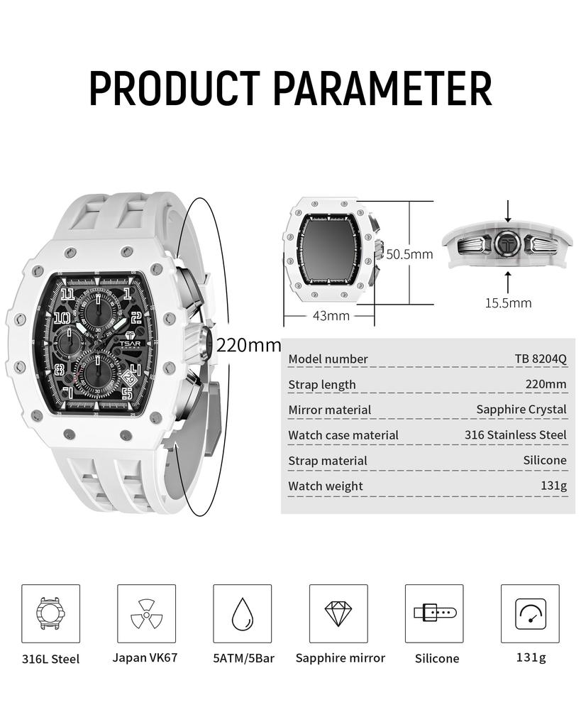 TSAR BOMBA Skeleton Automatic Watch with Ceramic Japanese Tonneau Silicone 50M Water Luminous Luxury Watch for Gift Men's Movement, Strap, Resistance,