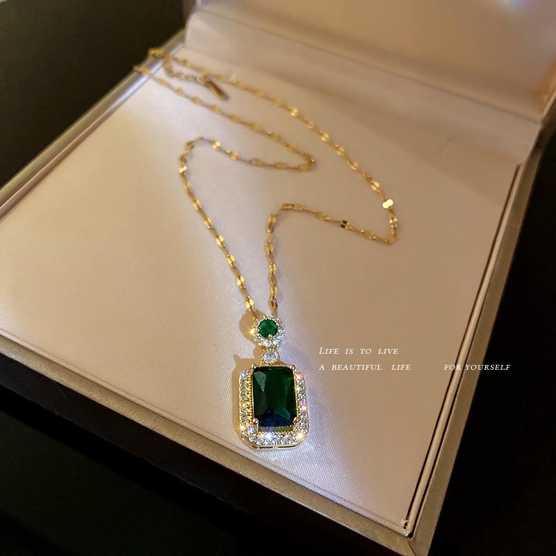 Vintage Silver Needle Zircon Emerald Earrings & Necklace Set: Elegant Artificial Crystal Stud Earrings with Luxury Clavicle Chain for Women