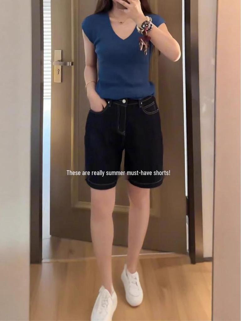 Women's Versatile Deep Blue Denim Shorts - Summer 2026 Thin Style, Plus Size, Loose Slimming Fit