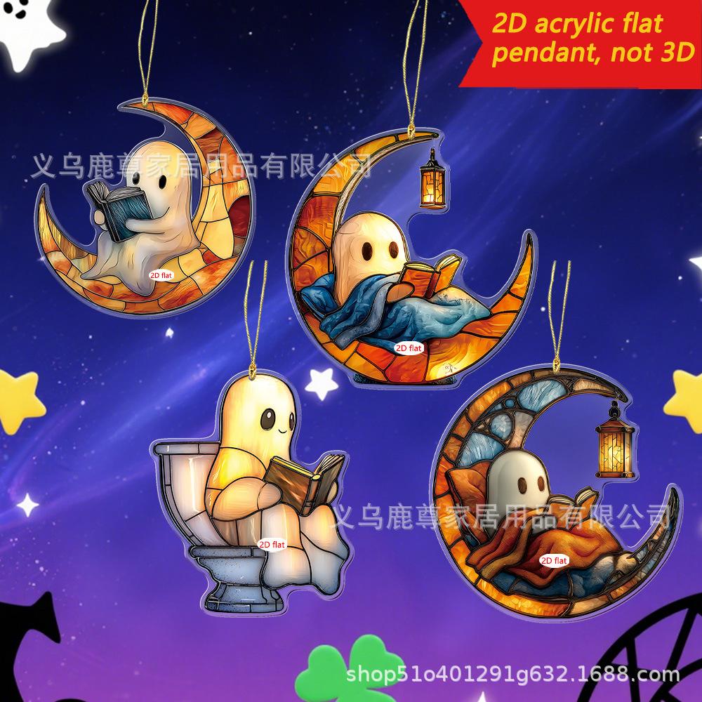 Halloween Cartoon Geist liegt auf dem Mond und liest ein Buch 2D Acryl Auto Rucksack Anhänger Dekoration