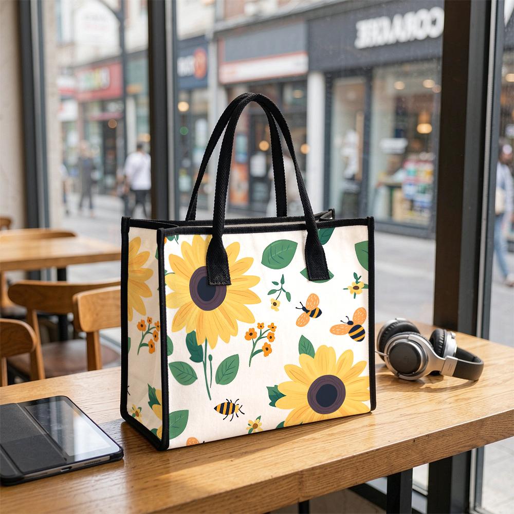 Sunflower Bee Printed Canvas Tote Bag Daily Outdoor Casual Lightweight Carryall Handbag