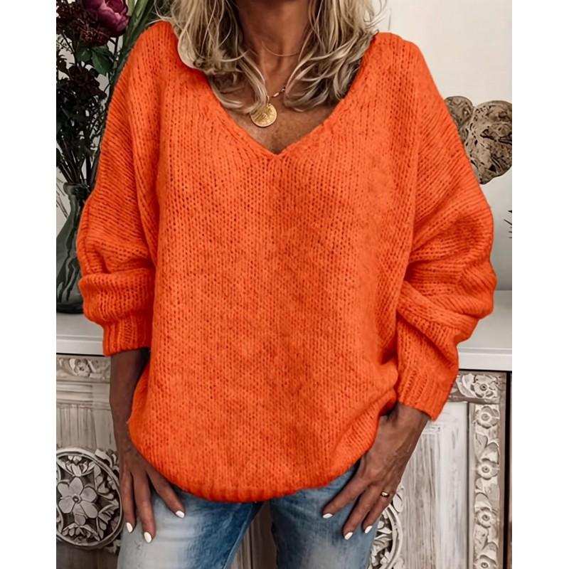 Womens V-Neck Knit Sweater Casual Street Style Long Sleeve Pullover Basic Layering Top