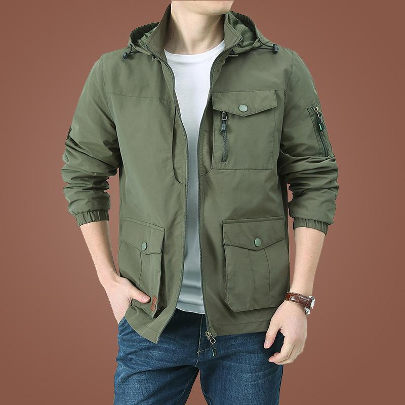 Spring and Autumn Large Size Loose Multi-Pocket Jacket Men's Casual Windbreaker Stand-up Collar Tooling Men's Clothing