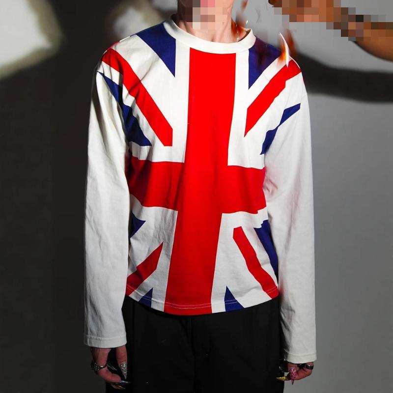 Top oversize con stampa a girocollo e maniche lunghe con bandiera nazionale Y2K, stile retrò hip-hop trendy.