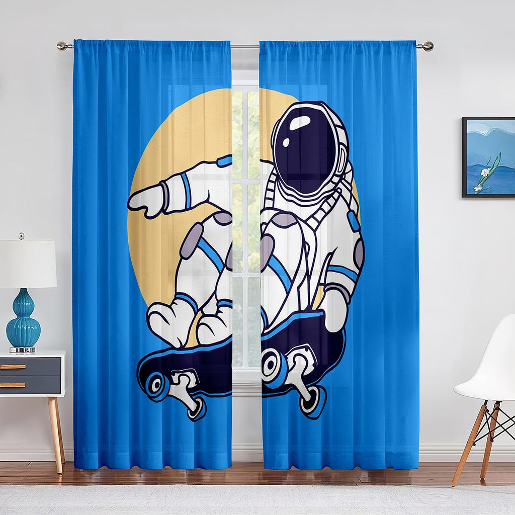 Cartoon Outer Space Astronaut Planet Sheer Voile Curtains for Living Room Bedroom Kitchen Decor Chiffon Tulle Window Curtains