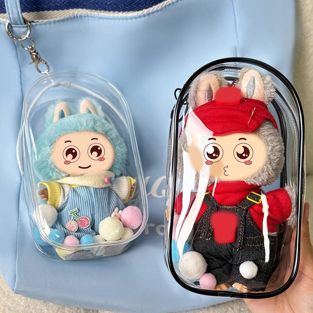 Colorful Transparent Protector Case Organizer Box for 17cm Labubu V3 Dolls Outdoor Display Bag With Keychain Doll Accessories
