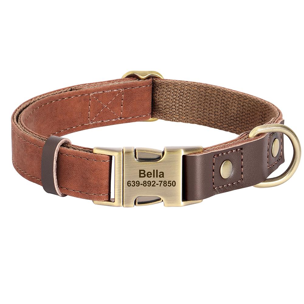 

Customized Dog Collar Durable PU Leather Dog Collars Engraved Pet ID Necklace With Metal Buckle for Small Medium Large Dogs Pug S коричневий
