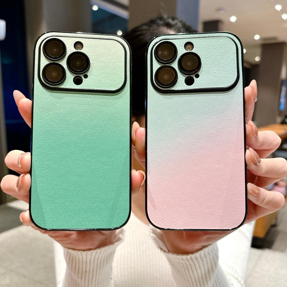 Fashion Gradient Color Leather Texture Phone Case For iPhone 17 16 15 14 Plus 13 Pro Max Lens Film Matte Bumper Shockproof Cover