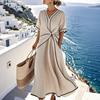 Women's Summer Casual Twist Waist Long Dress Cotton Linen Short Sleeve V Neck Boho Swing Dress Beach Vacation Flowy A-line Sundress