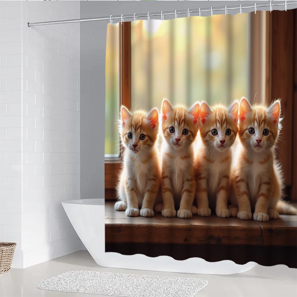 4Pcs Cute Orange Cat Print Shower Curtain Set with Non-Slip Bath Mat, Toilet Lid Cover, Contour Rug & 12 Hooks, Bathroom Decor