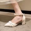 With skirt pearl high heels women's spring and summer new medium thick heel pointed head shallow mouth hollow sandals