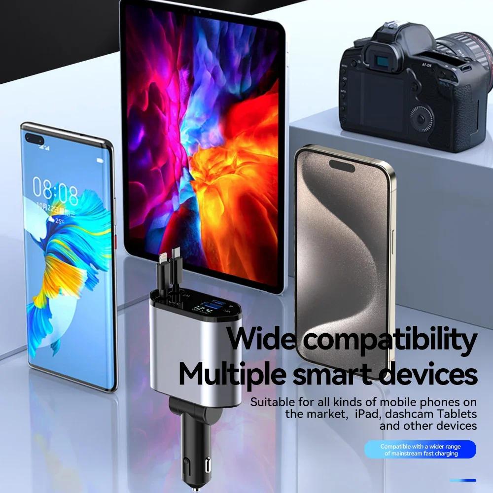 Retractable Car Charger, 4 In 1 Fast Charging Car Charger 120W, Retractable Cable and 2 USB Ports Car Charger Adapter Compatible