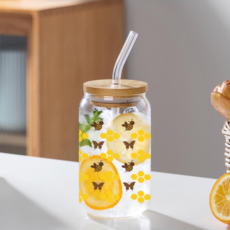 3D-Druck Goldenes Waben Bienen Schmetterlingsmuster Sublimation Glas Trinkhalm Saftglas Flasche mit Bambusdeckel zum Verschenken