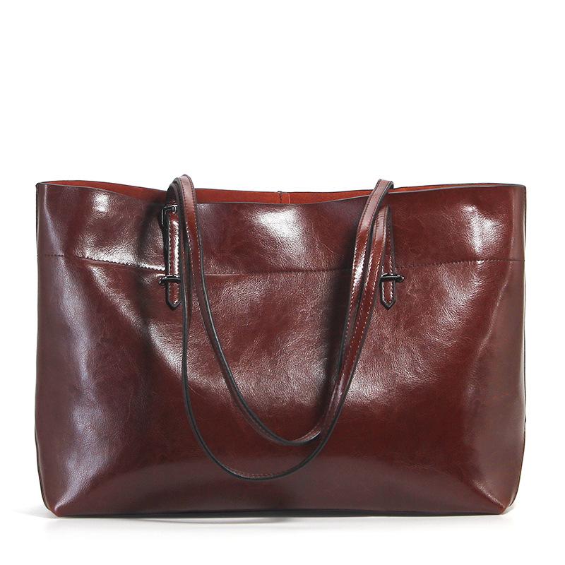 Large capacity tote bag women's genuine leather women's bag fashion oil wax cowhide large bag portable shoulder bag