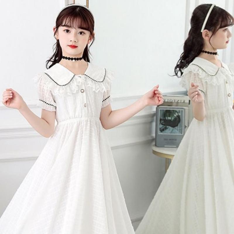Girls' Fashionable Dress for Summer, Children's Short-sleeved Round-neck Sweet-colored Princess Dress
