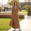 Women's Elegant Lapel Collar Long Sleeve Loose Fit Knit Maxi Dress