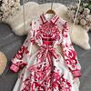 Autumn Holiday Red Blue And White Porcelain Maxi Dress Women Long Sleeve Single Breasted Lace Up Belt Flower Print Robe