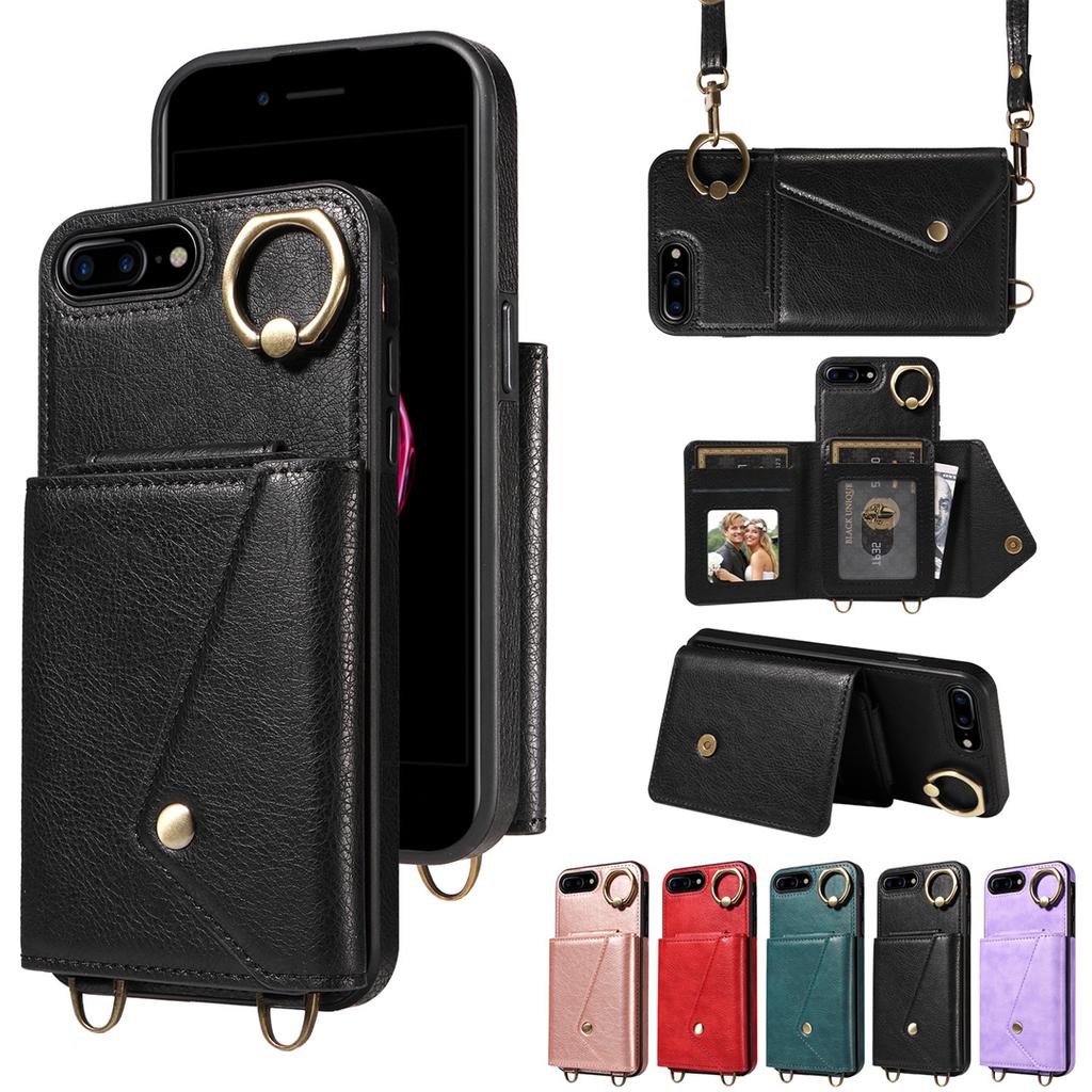Per iPhone 6/6s/6Plus/7/8,7Plus/8Plus,iPhone SE (2020/2022) Tracolla Corda Anello Staffa Design Porta Carte Slot Copertura con Texture Litchi Custodia per Telefono