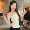 Bow Polka Dot Strap Slanted Shoulder Collar Short Sleeve Women's Summer New Slim and Thin Design T-shirt