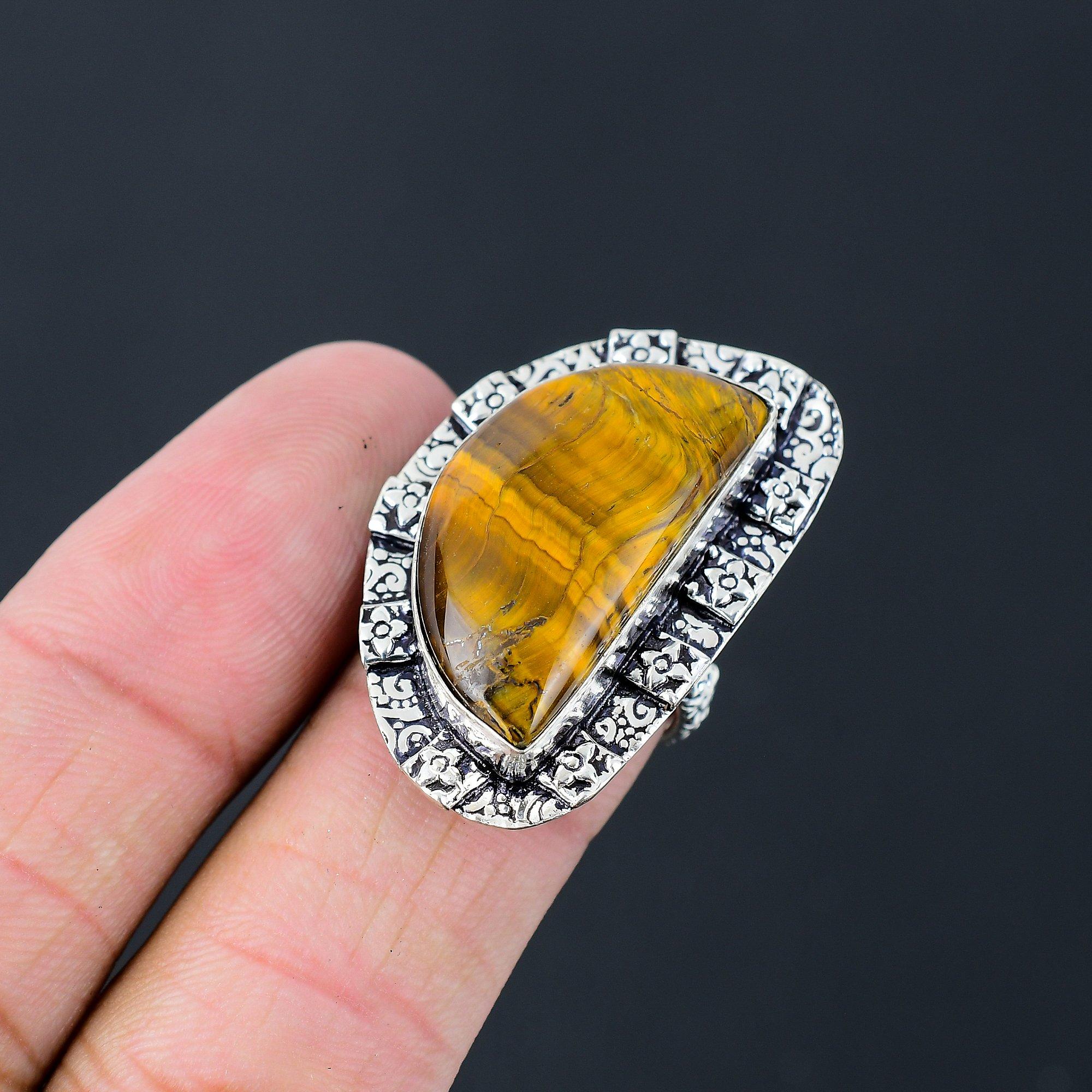 Natural Iron Tiger Eye Gemstone Solitaire Ring Size 7.5 925 Sterling Silver 7.5