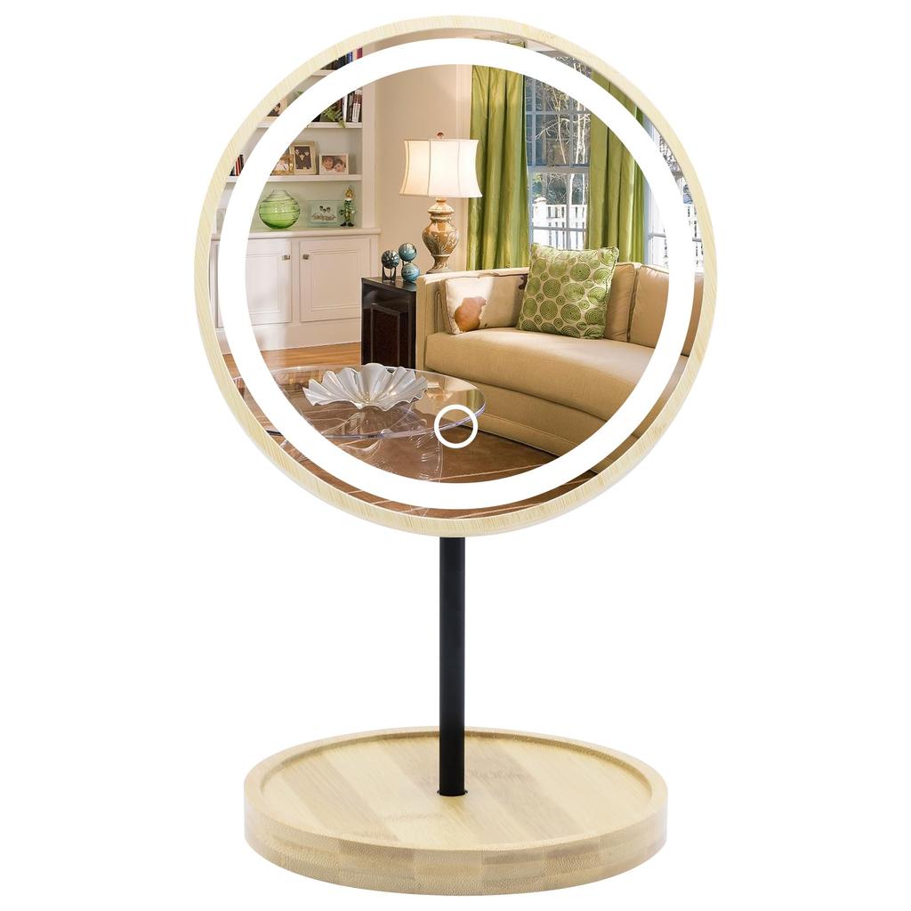 Hohoemi LED Makeup Wooden Tabletop Mirror with Stand LED Ring Light Guide Rotating Bamboo 3 Color Adjustable Detachable Stand Mirror Mirror, Light,