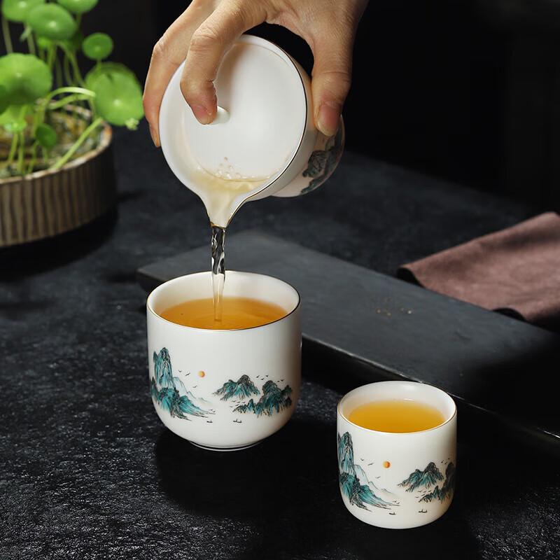 Dehua Ceramic Portable Tea Set - A Thousand Li of Rivers and Mountains (1 Pot, 2 Cups)
