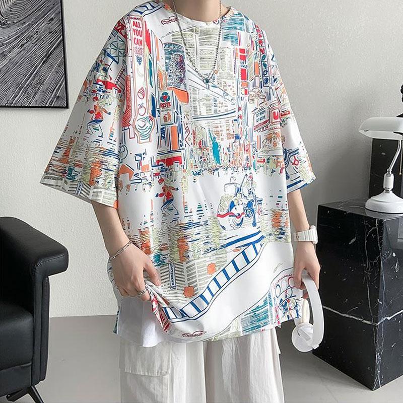 American Hand-Painted Pullovers Men's Clothing Contrasting Colors Summer Short Sleeve Vintage Casual Round Neck Loose T-shirts