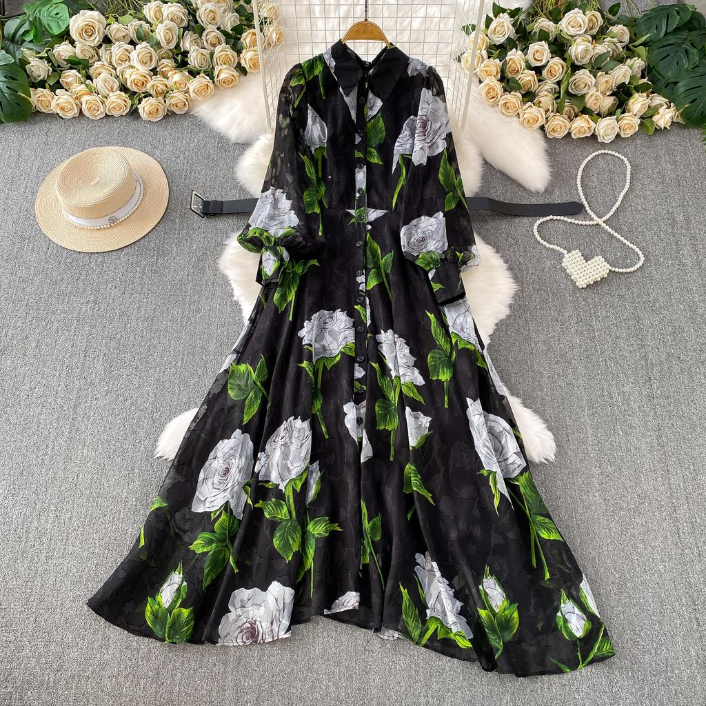 Francuski Styl Wakacyjny Super Wróżkowy Nadruk Klapa Długi Rękaw Sukienka Damska Wiosna Jesień Jednorzędowa Talia Rozkloszowana Elegancka