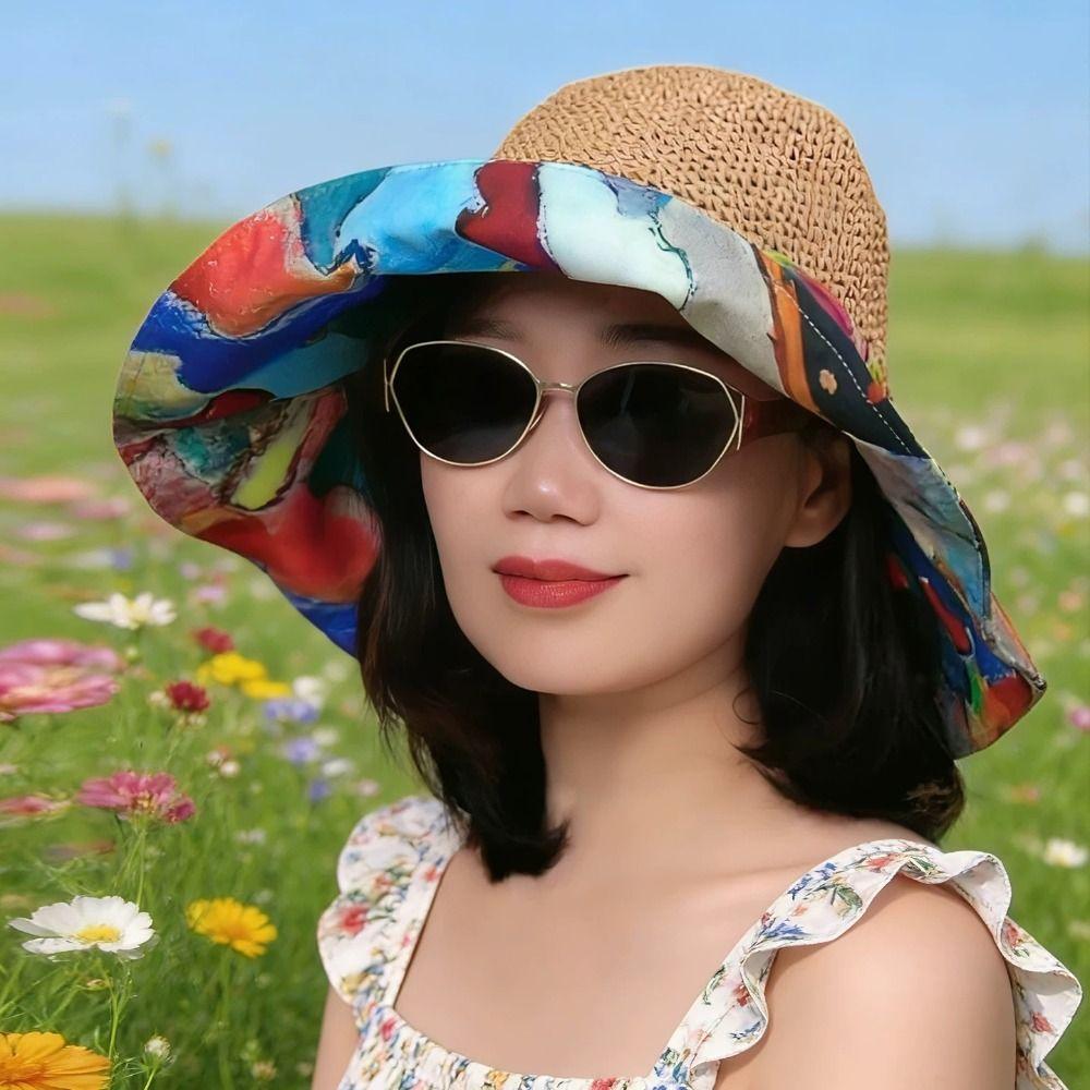 Grass Hat Large Brim Straw Hat Foldable Exquisite Flower Sun Protection Hat Uv Protection Breathable Beach Hat Beach