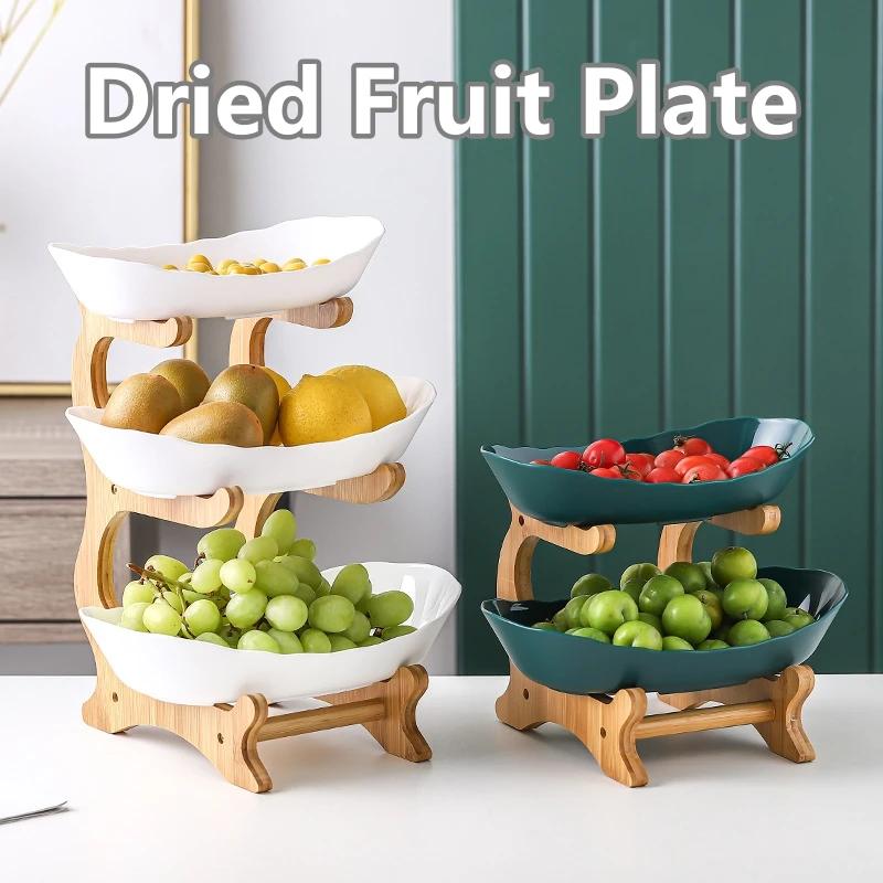 2/3 Layer Kitchen Fruit Bowl with Floors Fruit Tray Partitioned Candy Cake Snack Trays Multifunctional Wooden Tableware Dishes