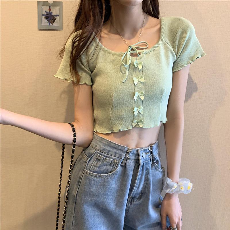 Square Collar Knitted Short-sleeved T-shirt for Women In Summer Niche Design Short Hot Girl Outfit Top