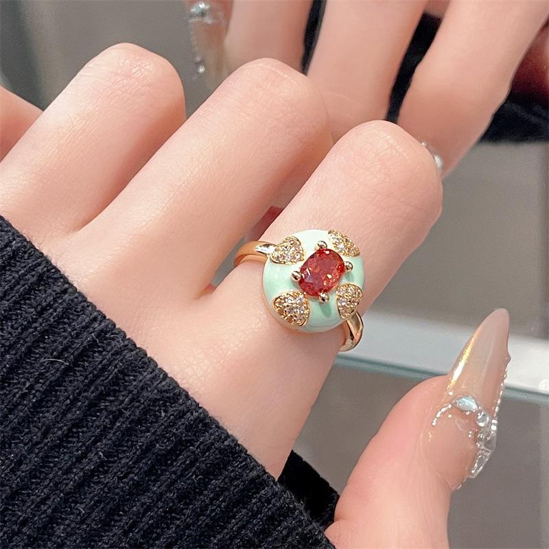 

Mambo Mint Green Drop Oil Open Ring Personality Heavy Industry Full Diamond Zircon Index Finger Ring Personality Ring Female Adjustable opening