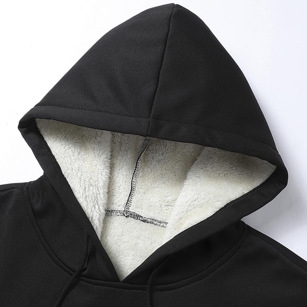 Men's Drawstring Pocket Solid Color Loose Warm Plus Fleece Casual Sports Hooded Sweatshirt