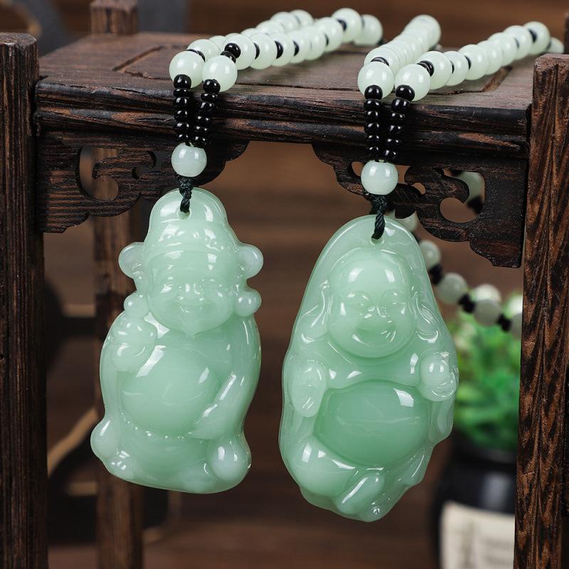 Green Glass Stone Hand-Carved Pendant Necklace Retro Chinese Style Jewelry for Women Men Party Accessory