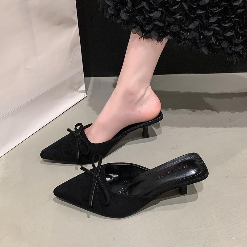 Fashion Butterfly-Knot Flock Women Heels Pumps Shoes Mules Slip on Footwear Shallow Ladies Medium Heels Shoes Female Slides