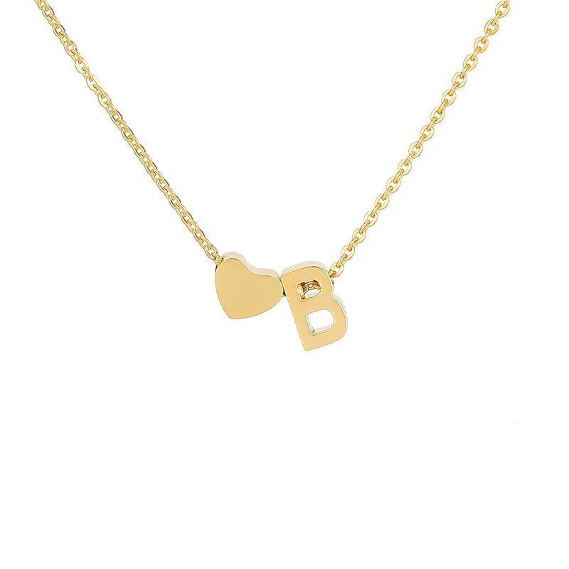 Stainless Steel Gold Heart & Alphabet Bead Necklace A-Z