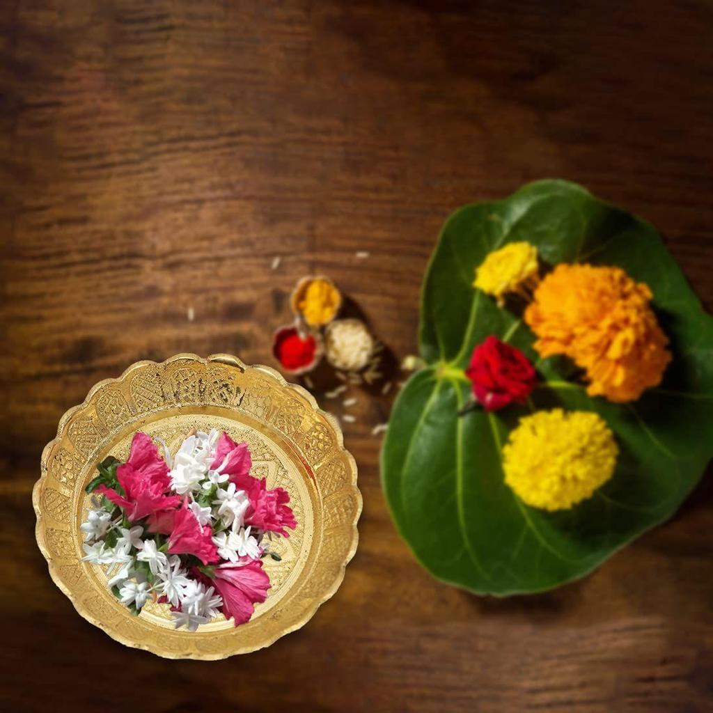 Handmade Brass Puja Thali with Floral Embossed Design | Bhog Plate for Pooja Mandir | Puja Essentials for Home Mandir – 4.41 Inch