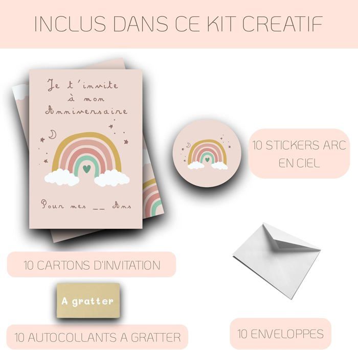 RXLITE KIT créatif Invitations Anniversaire thème ARC EN CIEL :10 Cartes à Gratter Stickers Dorés Enveloppes Blanches